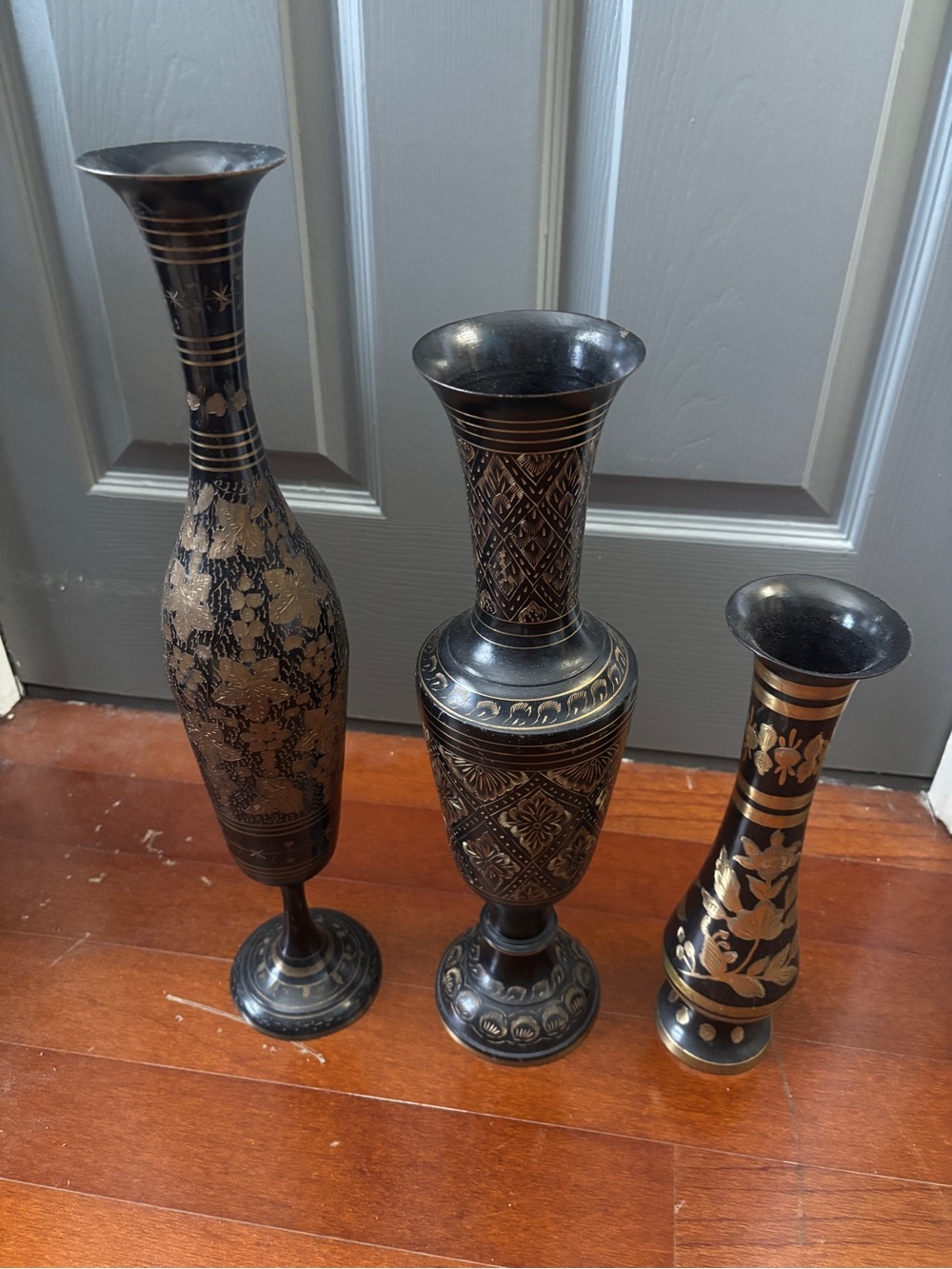 Vintage Indian Black Enameled & Hand-Etched Brass Vases – Trio Set